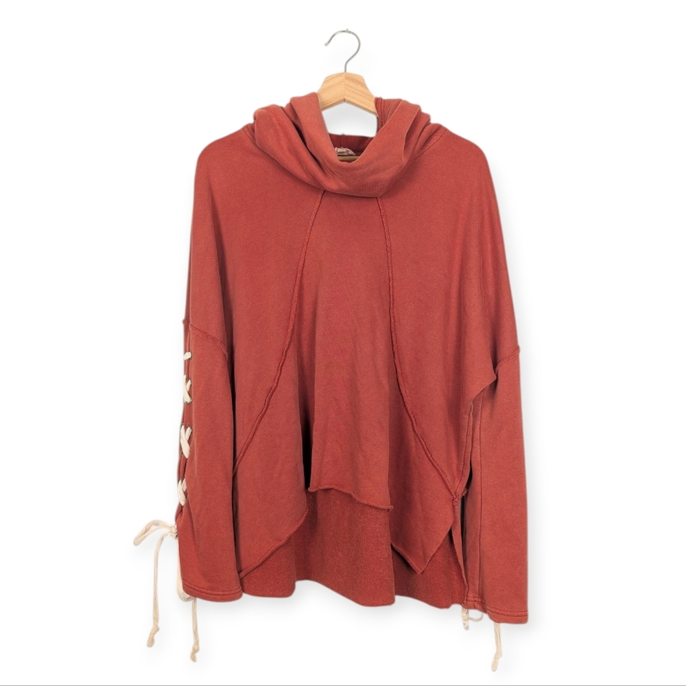 POL Burnt Orange Red Lace Up Sleeve Oversized Hooded Sweatshirt Size S